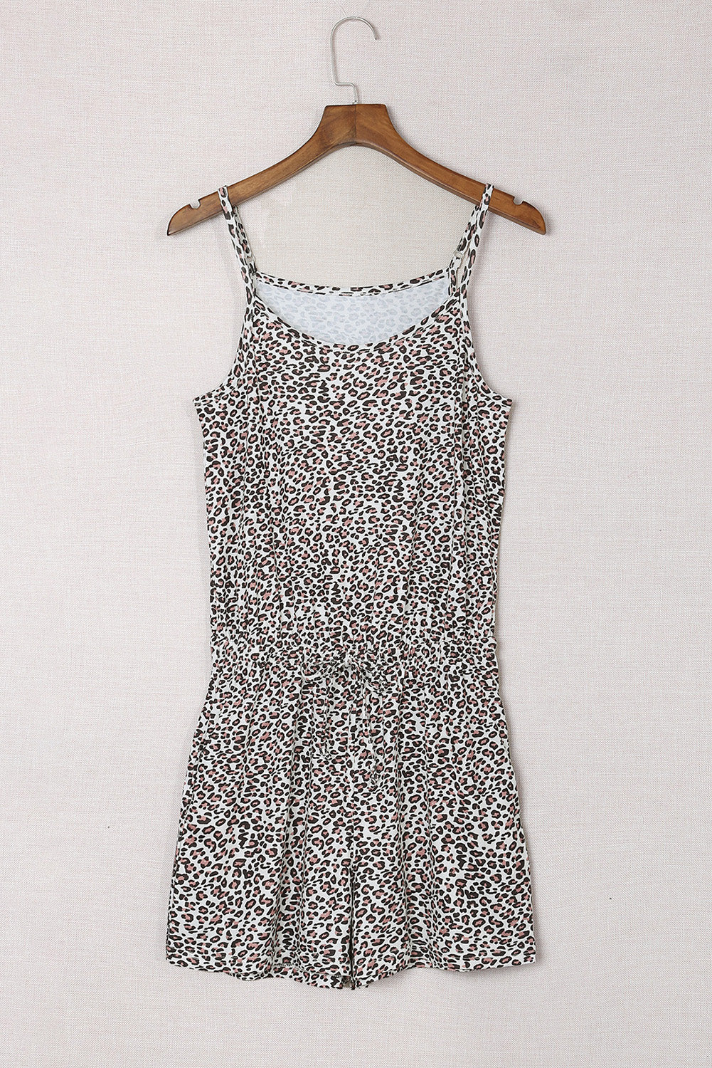 LC641622-17-S, LC641622-17-M, LC641622-17-L, LC641622-17-XL, Brown Leopard Accent Sleeveless Short Two Piece Romper Set
