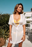 Scollo a V con coulisse in vita Pom Pom See Through Beach Dress Cover Up 