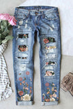 Floral Pattern Patchwork Cutout Straight Jeans