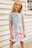 Gray Cherry Blossom Stripe Print Short Sleeve Girl's Tunic Top TZ61585-11