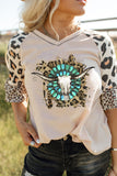 Khaki Turquoise Steer Skull Leopard Graphic Crewneck T Shirt LC25115834-16