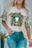 Khaki Turquoise Steer Skull Leopard Graphic Crewneck T Shirt LC25115834-16