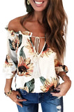 White Floral Ruffled Tassel Tie Off Shoulder Blouse - White LC25115298-1