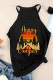 Black Happy Camper Landscape Print Cold Shoulder Tank Top