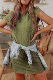 Green Crew Neck Pocketed Rolled Sleeve T-shirt Dress