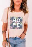 Pink HOPE Floral Print Color Block Round Neck T Shirt