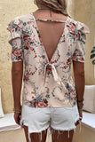 Pink Floral Puff Sleeve Distressed Top for Women LC25217718-10