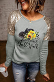 It's Almost Fall Sunflower Hat Graphic Sequin Shoulder Long Sleeve Top