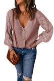 Pink Women's Bishop Sleeve Button V Neck Sweater Cardigan LC271628-10