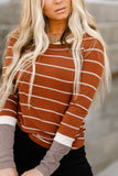 Brown Extend Color Block Cuffs Rib Knit Striped Pullover LC25115193-17