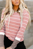 Pink Extend Color Block Cuffs Rib Knit Striped Pullover LC25115193-10