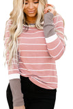 Pink Extend Color Block Cuffs Rib Knit Striped Pullover LC25115193-10