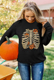 Black Pumpkin Skeleton Graphic Pullover Sweatshirt