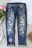 Womens Ripped Denim Pants Floral Leopard Distressed High Waist Jeans