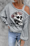 Gray Floral Skull Graphic Off One Shoulder Sweatshirt