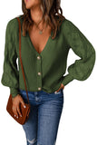 Green Women's Bishop Sleeve Button V Neck Sweater Cardigan LC271628-9