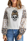 Women Skull Graphic Leopard Patchwork Stitching Knit Long Sleeve Top