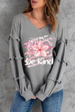 Women BE KIND Tiered Sleeve Waffle Knit Gray Sweater