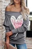 Women Gray Sequin Heart Print Oversized Cotton Knit Sweatshirt