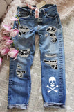 Skyblue Skeleton Print Tattered Cut-out Casual Jeans