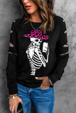 Black Skull Selfie Leopard Cut-out Sleeves Lightweight Sweatshirt