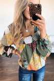 Green Square Neck Mixed Print Blouse LC25116344-9