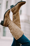 Faux Suede Point Toe Zipped Thick Heel Boots