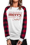 LC25313536-1-S, LC25313536-1-M, LC25313536-1-L, LC25313536-1-XL, LC25313536-1-2XL, White Merry Christmas Print Buffalo Plaid Sleeve Sweatshirt