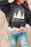 LC25313542-2-S, LC25313542-2-M, LC25313542-2-L, LC25313542-2-XL, LC25313542-2-2XL, Black Christmas Tree Sweatshirts for Women Snowy Leopard Bleached Sweatshirt