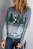 LC25313590-11-S, LC25313590-11-M, LC25313590-11-L, LC25313590-11-XL, LC25313590-11-2XL, Gray Merry Christmas Tree Gradient Color Print Graphic Sweatshirt