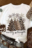 LC25219027-1-S, LC25219027-1-M, LC25219027-1-L, LC25219027-1-XL, LC25219027-1-2XL, White Leopard Christmas Tree Graphic Print Crew Neck T Shirt