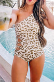 Leopard Print Asymetric One Shoulder Hollow-out One-Piece Swimsuit