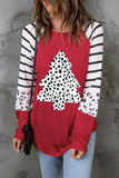 LC25118523-3-S, LC25118523-3-M, LC25118523-3-L, LC25118523-3-XL, LC25118523-3-2XL, Red Leopard Christmas Tree Striped Color Block Long Sleeve Top