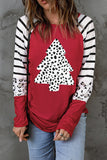 LC25118523-3-S, LC25118523-3-M, LC25118523-3-L, LC25118523-3-XL, LC25118523-3-2XL, Red Leopard Christmas Tree Striped Color Block Long Sleeve Top