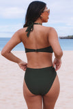 LC443451-9-S, LC443451-9-M, LC443451-9-L, LC443451-9-XL, Green Halter O-ring Ruched Bust One Piece Swimsuit