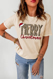 Women's MERRY Christmas Hat Print Crew Neck Khaki Graphic Tee