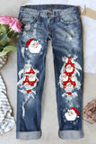 Women's Christmas Santa Claus Distressed Raw Casual Jeans