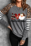 Women's Leopard Stripe Splicing Peace Love Santa Print Long Sleeve Tshirt