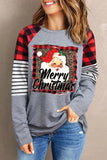 Women's Merry Christmas Santa Claus Print Buffalo Plaid Stripe Gray Top