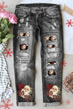 Women's Santa Clause Ho Ho Ho Low Waist Ripped Holes Jeans