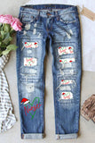 Women's Heart Shaped Letter Print Low Rise Light Blue Ripped Jeans