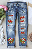 Women's Christmas Cow Colored Light Strip Shift Casual Ripped Jeans