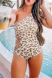 Leopard Print Asymetric One Shoulder Hollow-out One-Piece Swimsuit
