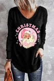 Women's Christmas Santa Print Long Sleeve Black Top