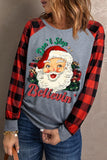 Women's Don't Stop Believin Father Christmas Print Buffalo Plaid Sleeve Top