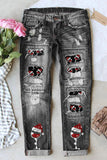 Women's Christmas Wine Glasses Print Low Waisted Ripped Jeans