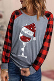Women's Christmas Wine Glass Buffalo Plaid Sleeve Round Neck Casual Tops