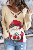 Women's Beige V Neck Cut Out Santa Clause Print Sweatshirt