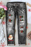 Women's Christmas Santa Print Distressed Ripped Holes Low Rise Jeans
