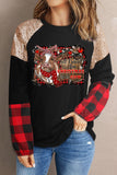 Women's Christmas Cow Plaid Round Neck Shift Casual Long Sleeve Top